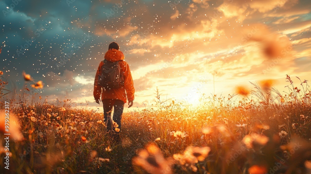 Canvas Prints As the sun sets on a beautiful evening, an individual strolls through a field of colorful flowers, savoring the tranquil atmosphere and vibrant surroundings