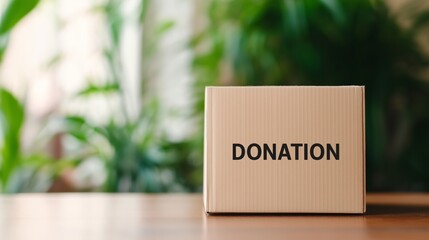 Cardboard donation box placed on a wooden table surrounded by lush green plants in a bright room.