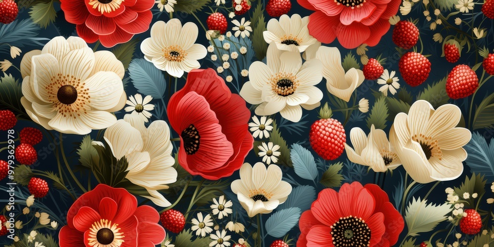 Poster a vibrant display of nature features striking red poppies and delicate cream anemones intertwined wi
