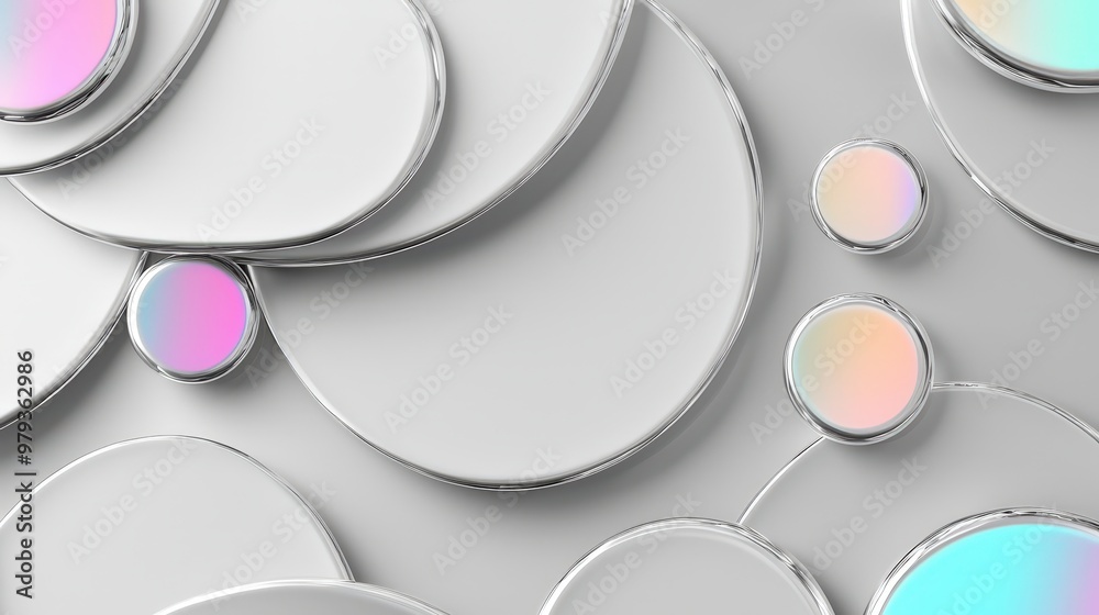 Poster Layered circular shapes in soft pastel colors create a modern abstract design on a light grey background, highlighting artistic textures and depth in the composition