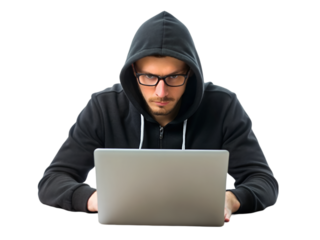 Hacker wearing a black hoodie and glasses coding isolated on transparent background