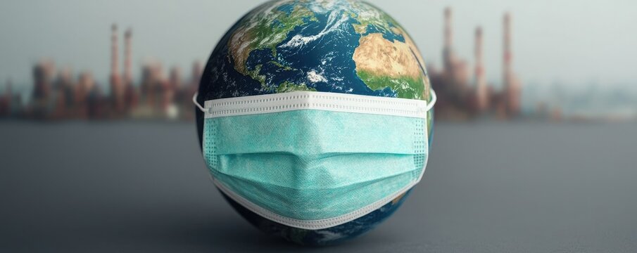 A globe wearing a medical mask symbolizes global health challenges and environmental concerns in a post-pandemic world.