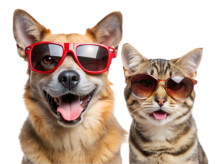 Happy cat and dog in sunglasses isolated on transparent background