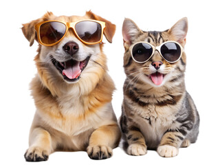 Happy cat and dog in sunglasses isolated on transparent background