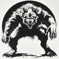 A black and white illustration of a werewolf with a full moon behind it.