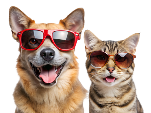 Happy cat and dog in sunglasses isolated on transparent background