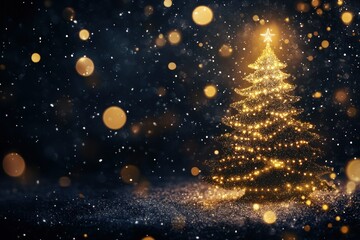 Fototapeta premium Golden Christmas Tree with Star on Top and Falling Snow