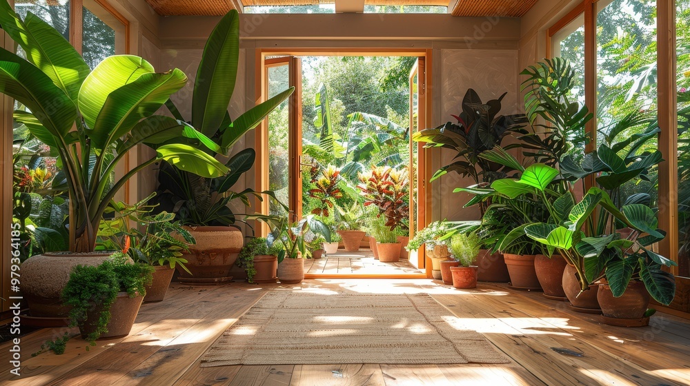 Aufkleber The space showcases an array of lush plants in terracotta pots, highlighted by sunlight streaming through large windows, creating a tranquil atmosphere