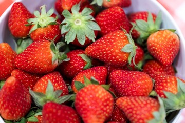 A closeup of a bunch of red delicious fresh strawberies with the green top in a white bowl. The tasty fruit is ready to be eaten.