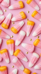 Obraz premium Colorful candy in playful shapes on a pink background, perfect for sweet celebrations and festive treats.