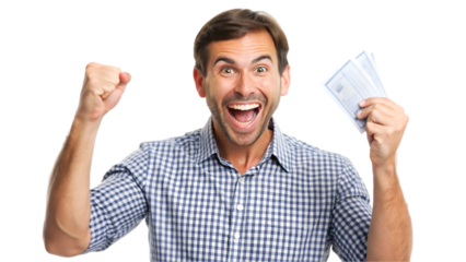 Happy man with lottery ticket isolated on transparent background