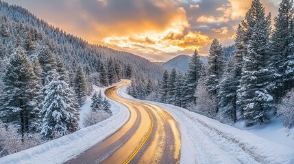 Winding Snowy Mountain Road with Pine Trees and Sunset - AI generated illustration