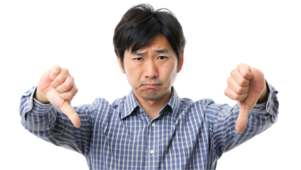 Japanese man with thumbs down, isolated on transparent background