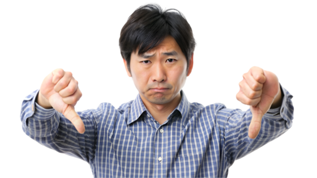 Japanese man with thumbs down, isolated on transparent background