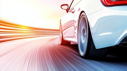 Fototapeta premium Dynamic White Car on Road at Sunset