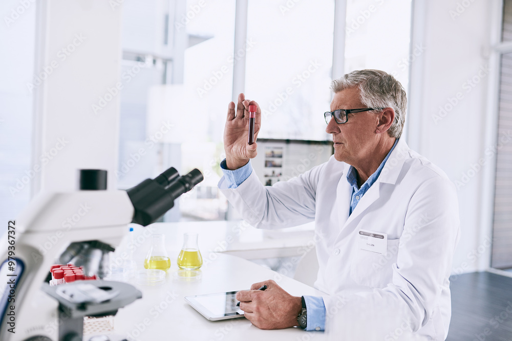Poster blood sample, tablet and science with person in laboratory at desk for breakthrough, innovation or r