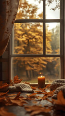 A cozy nook with a fireplace, symmetrical windows, autumn decor, and soft fabrics in beautiful chiaroscuro light