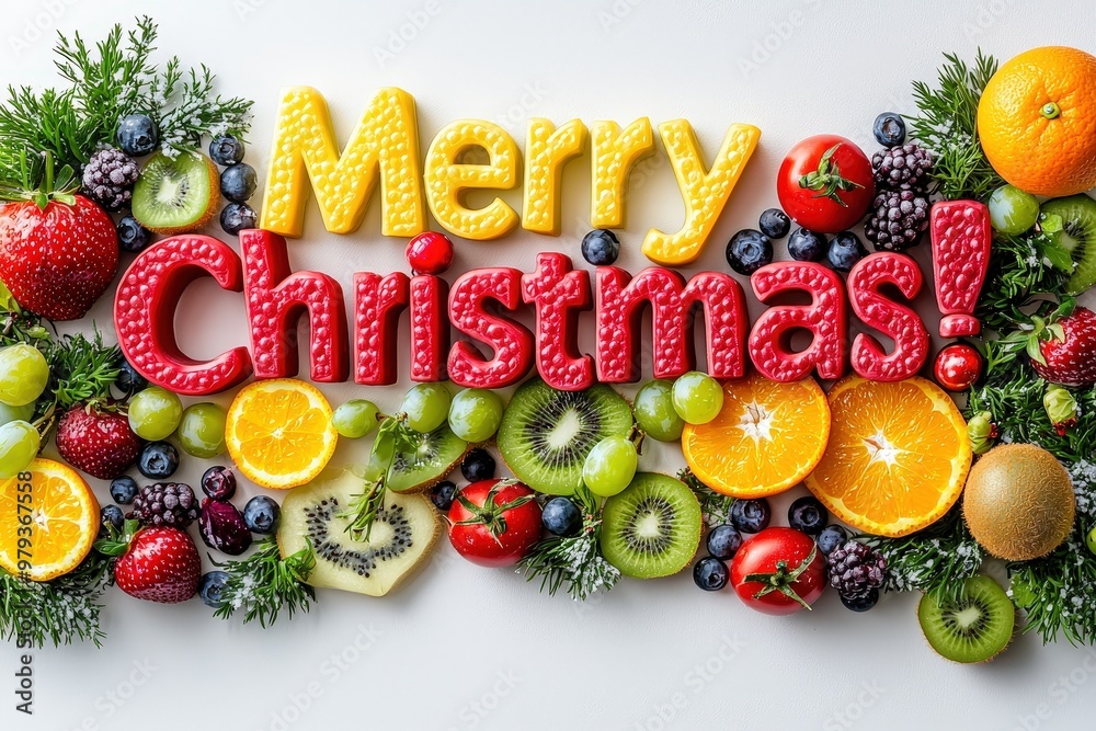 Poster a vibrant display features the words merry christmas created from colorful fruits, surrounded by an 