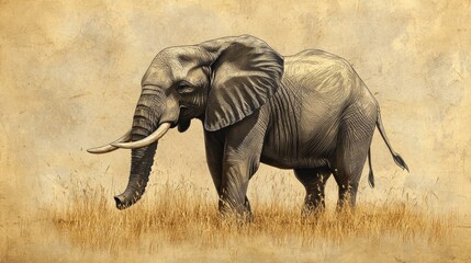 Fototapeta premium A detailed elephant illustration on faded vintage paper, creating a timeless, artistic wildlife scene.