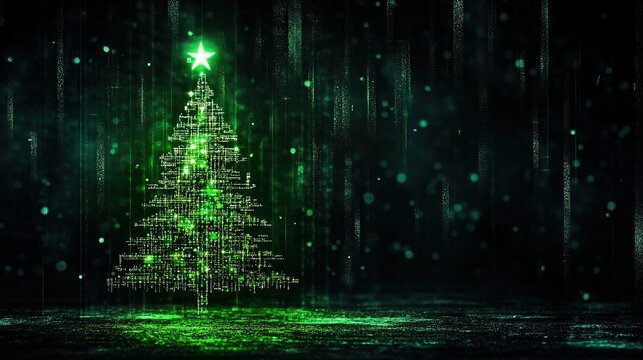 Digital Christmas tree in a matrix-style code rain