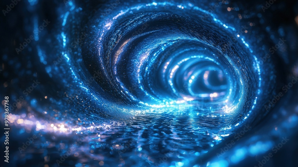 Poster swirling blue lights create an enchanting tunnel effect above shimmering water, captivating viewers 
