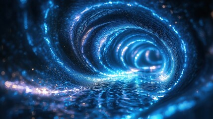 Swirling blue lights create an enchanting tunnel effect above shimmering water, captivating viewers with an ethereal atmosphere and dreamlike quality
