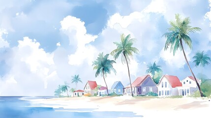 Obraz premium Tropical coastal village with multi-colored houses lining the shore, tall palm trees swaying, dreamy watercolor and oil painting fusion style