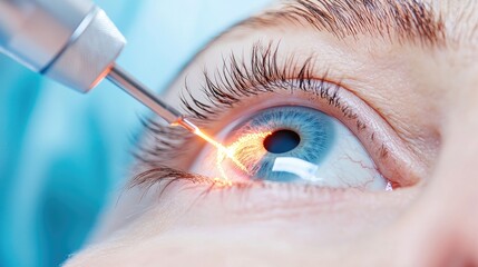 Close-up of an eye during laser surgery, showcasing precision treatment for vision correction and advanced medical technology.