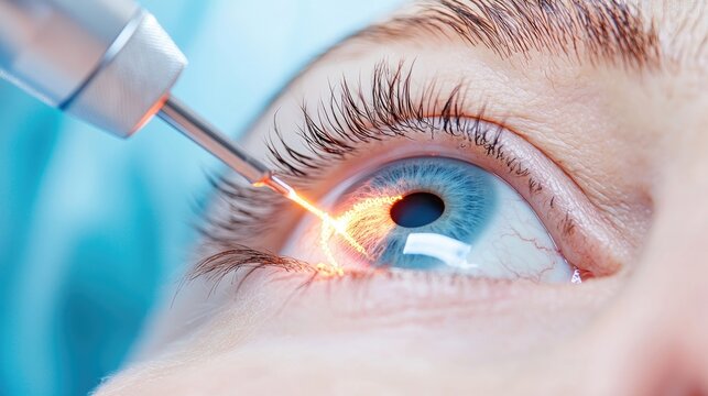 Close-up of an eye during laser surgery, showcasing precision treatment for vision correction and advanced medical technology.