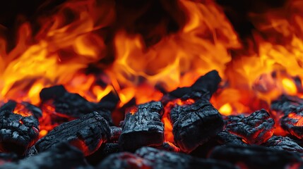 Close-up of burning charcoal with vibrant flames, showcasing glowing embers and heat in an outdoor fire setting.