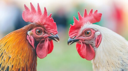 Fototapeta premium Close-up of two colorful roosters showcasing their vibrant feathers and distinctive combs in a lively outdoor setting.