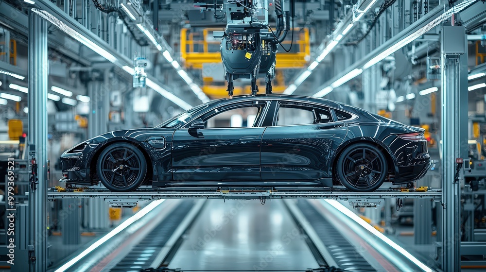 Poster the electric vehicle is being assembled on a production line, showcasing advanced machinery and a cl
