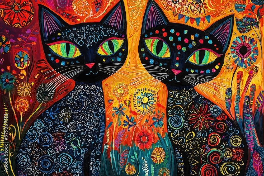 Poster two striking black cats with vivid eyes and ornate patterns stand in a lush garden filled with color