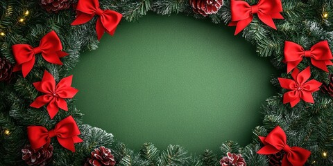 Festive Christmas wreath with red bows and pine cones
