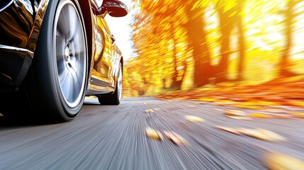 Naklejka premium Yellow Car Moving Down A Road