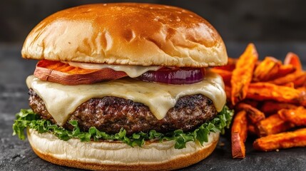 Juicy hamburger with melted cheese, lettuce, tomato, onion, and sweet potato fries on a dark rustic background.