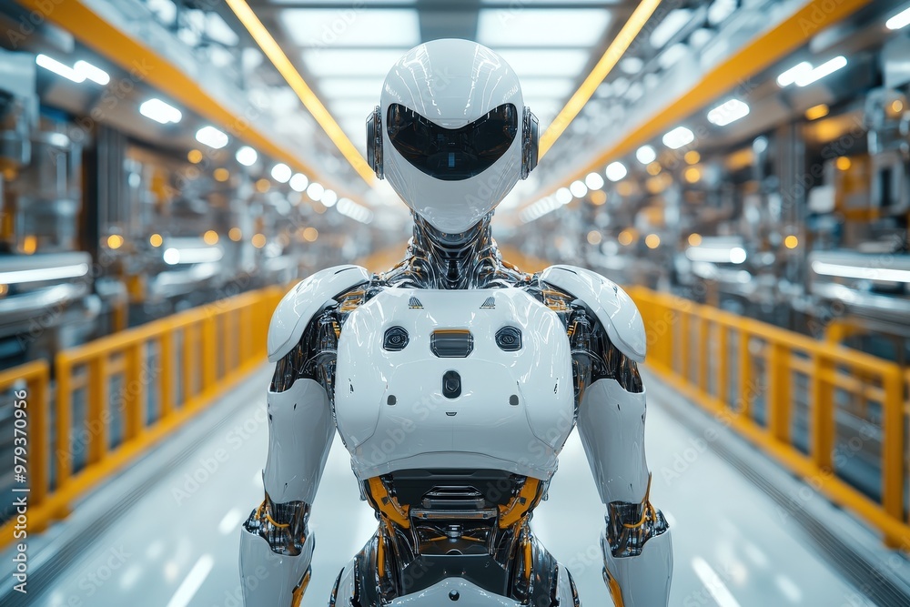 Poster the humanoid robot is positioned in a futuristic manufacturing facility, showcasing its sleek design