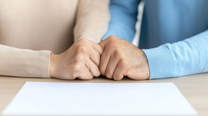 Fototapeta premium Two hands clasp together on a table, symbolizing unity and support in a warm and intimate moment.