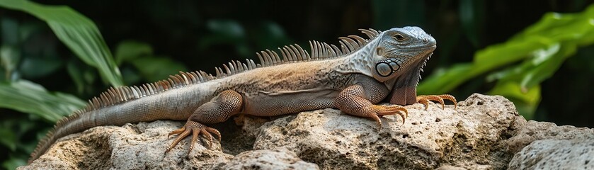 Fototapeta premium Iguana sunbathing atop rough, uneven stones near a jungle, its scales glistening in the midday sun