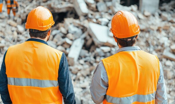 Two construction workers observe a demolition site wearing safety gear, emphasizing teamwork and site safety protocols.