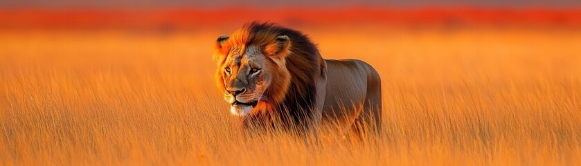 Majestic lion walking through tall golden grass at dusk, the savanna bathed in warm hues of orange...