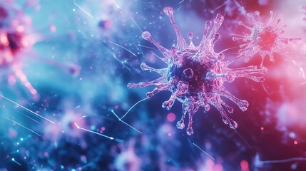 Vibrant microscopic view of a virus, showcasing intricate structures and colorful details against a dynamic background.