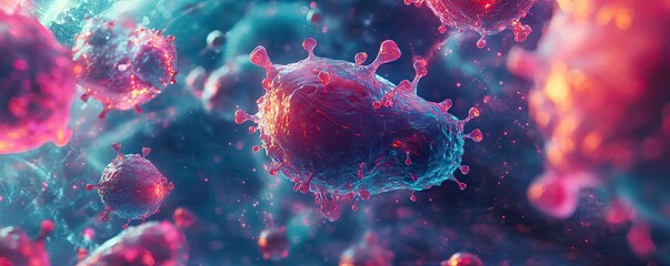 Vibrant microscopic view of virus particles in color, showcasing intricate structures against a colorful background.