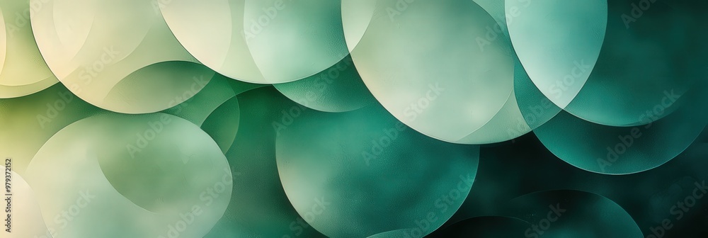 Poster A collection of softly blended circular shapes in varying shades of green and teal creates a calming abstract design. This artwork is ideal for use in modern decor or as a digital background