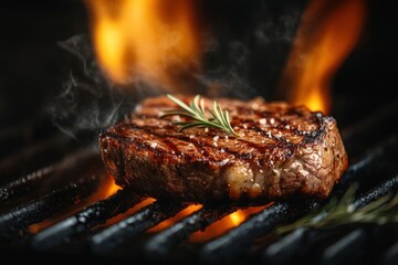 A steak on the grill with fire grilling cooking food.