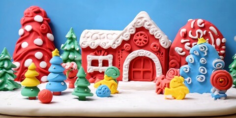 A colorful scene of a Christmas village with a red house and a white roof