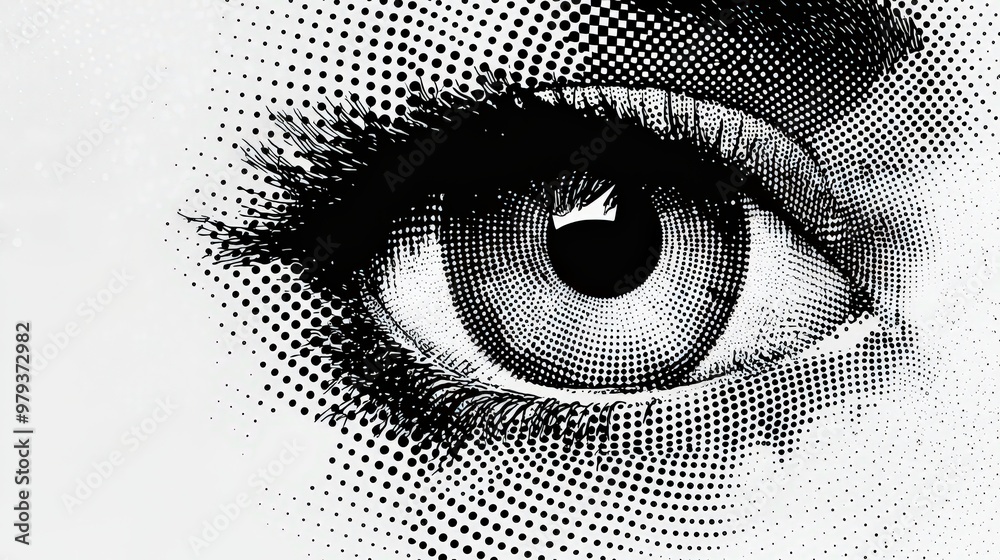 Poster An intricate illustration showcases a close-up of an eye, featuring striking black and white dot patterns that emphasize texture and depth, creating a compelling visual effect