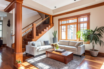 Fototapeta premium Elegant living room with wooden accents, cozy seating, and large windows, featuring a modern staircase and natural light for a warm and inviting atmosphere