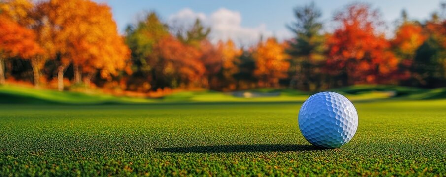 Golf ball on the green of a picturesque autumn course, capturing the tranquility of fall sports, golf course autumn
