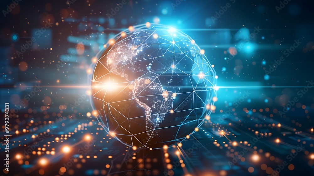 Poster digital representation of a globe connected by lines, symbolizing global communication and network.